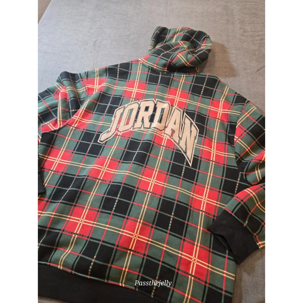 NIKE Jordan Essentials Fleece Pullover Hoodie Men XL Green Red Plaid '85 Jumpman